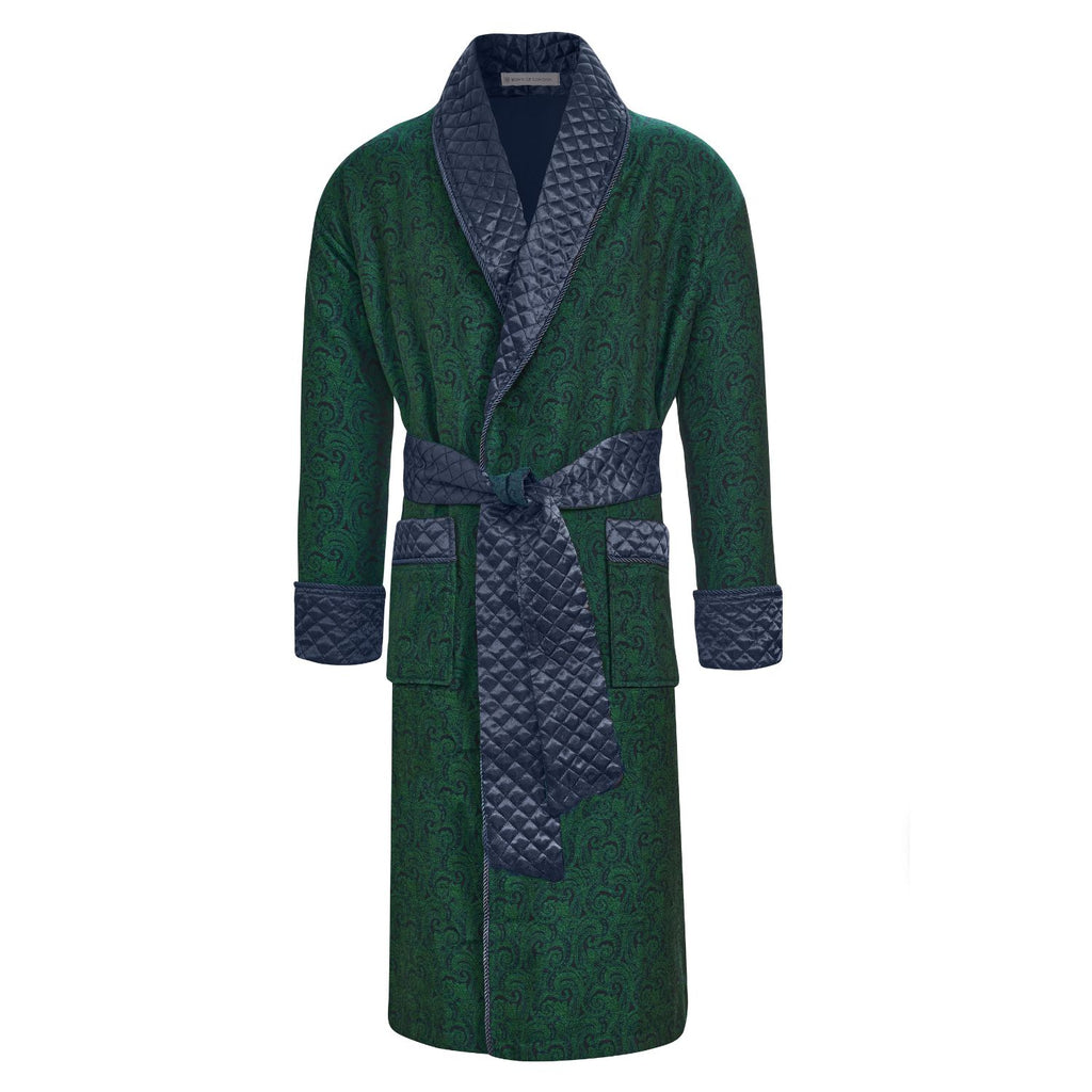 Connaught men's smoking jacket in green paisley – long smoking robe for men