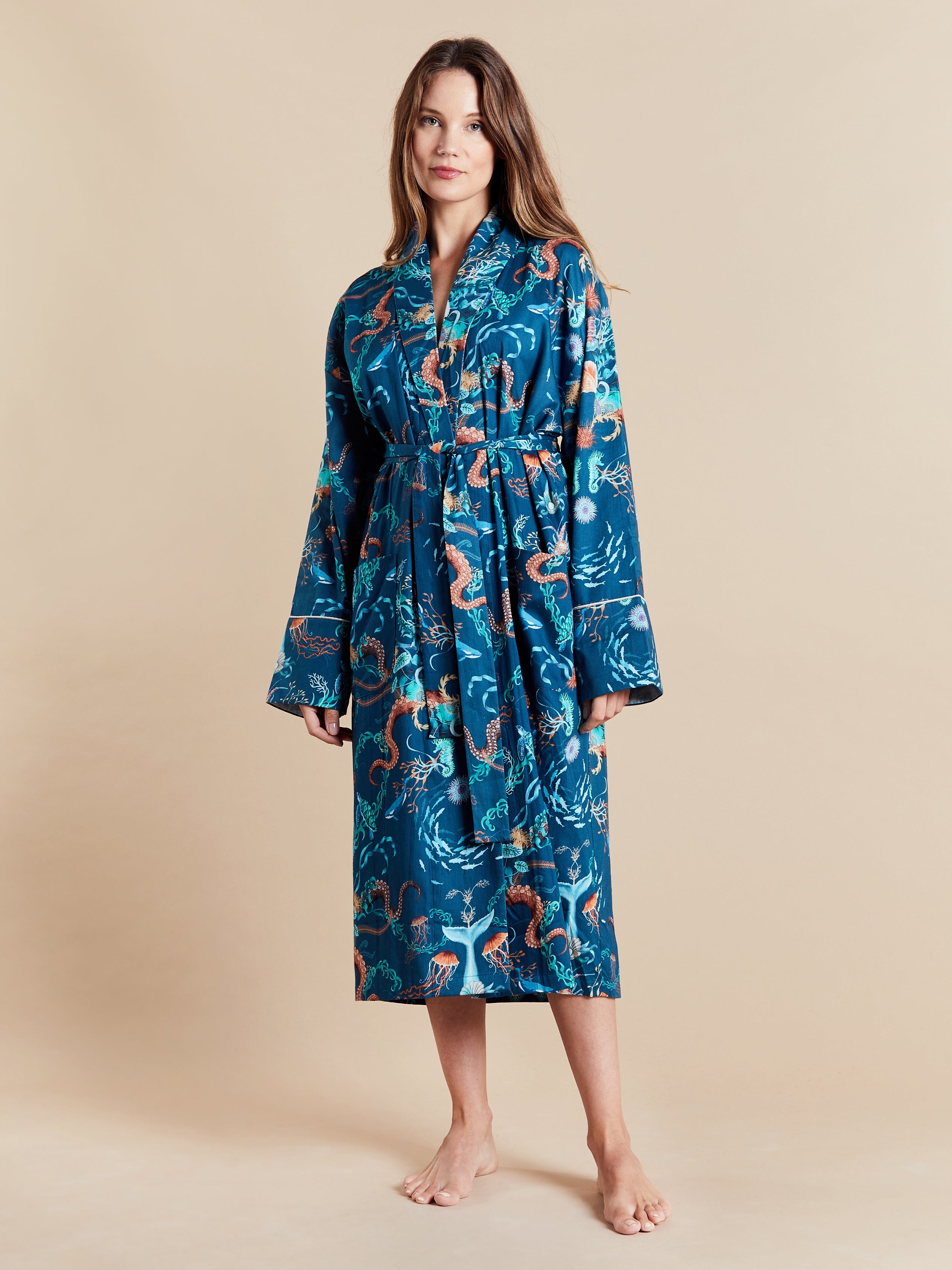 Lightweight Women's Bathrobe model photo front - Ocean Treasure | Bown of London
