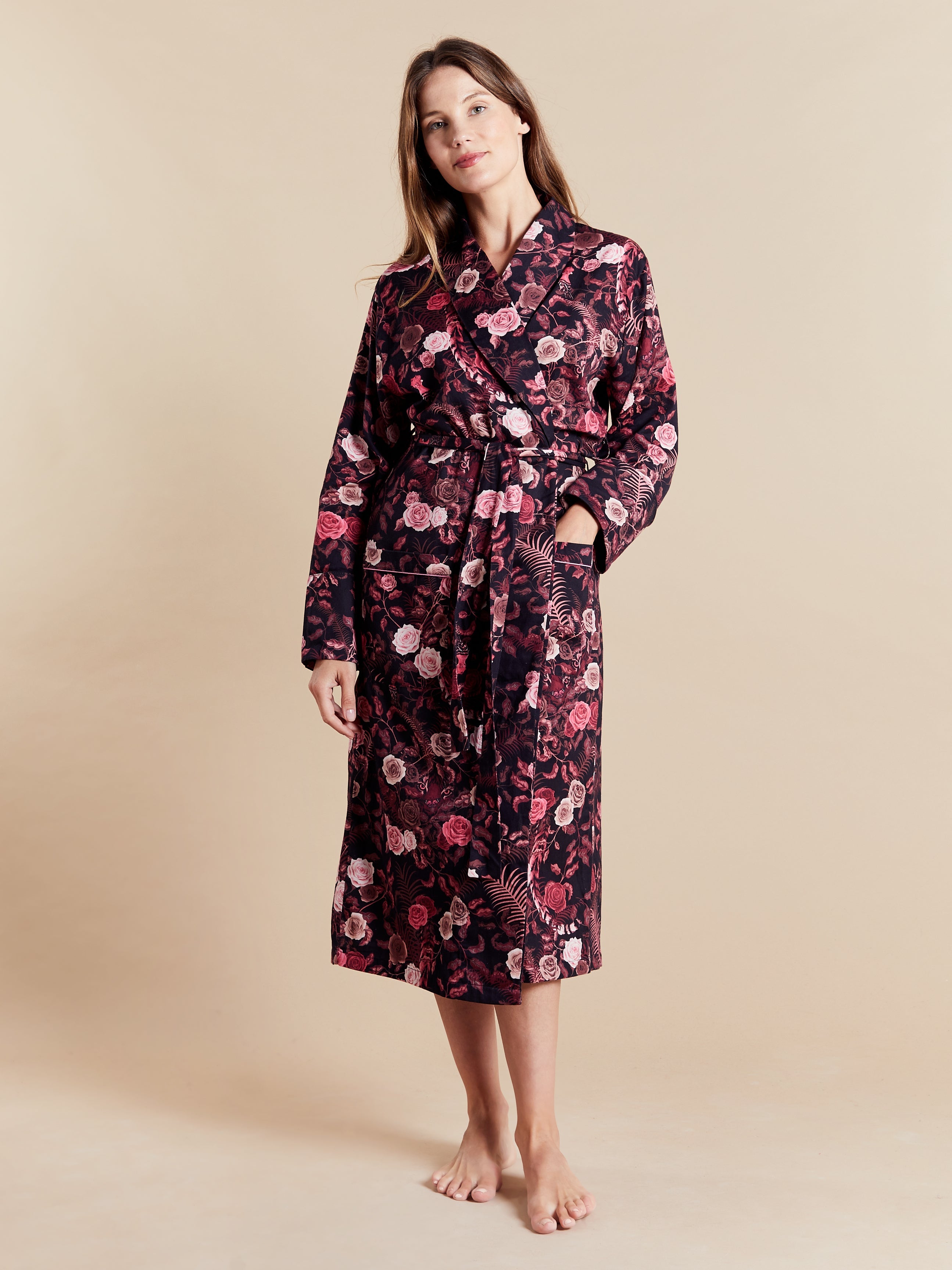 Lightweight Women's Bathrobe model photo front - Bengal Rose | Bown of London