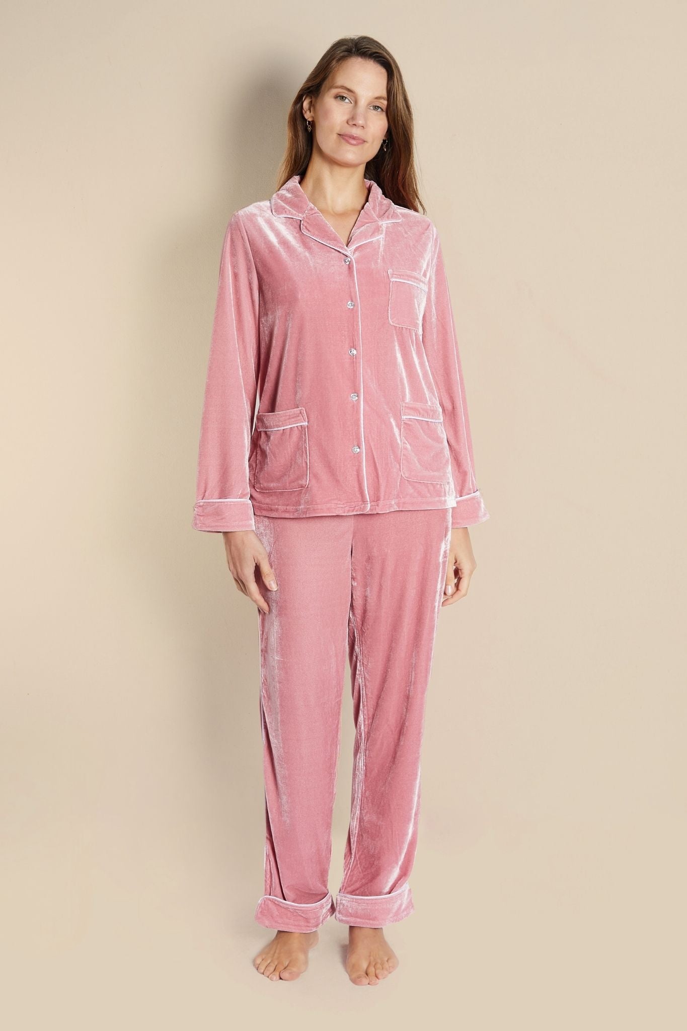 Athena Womens Pink Velvet Pajamas - Model Front | Bown of London