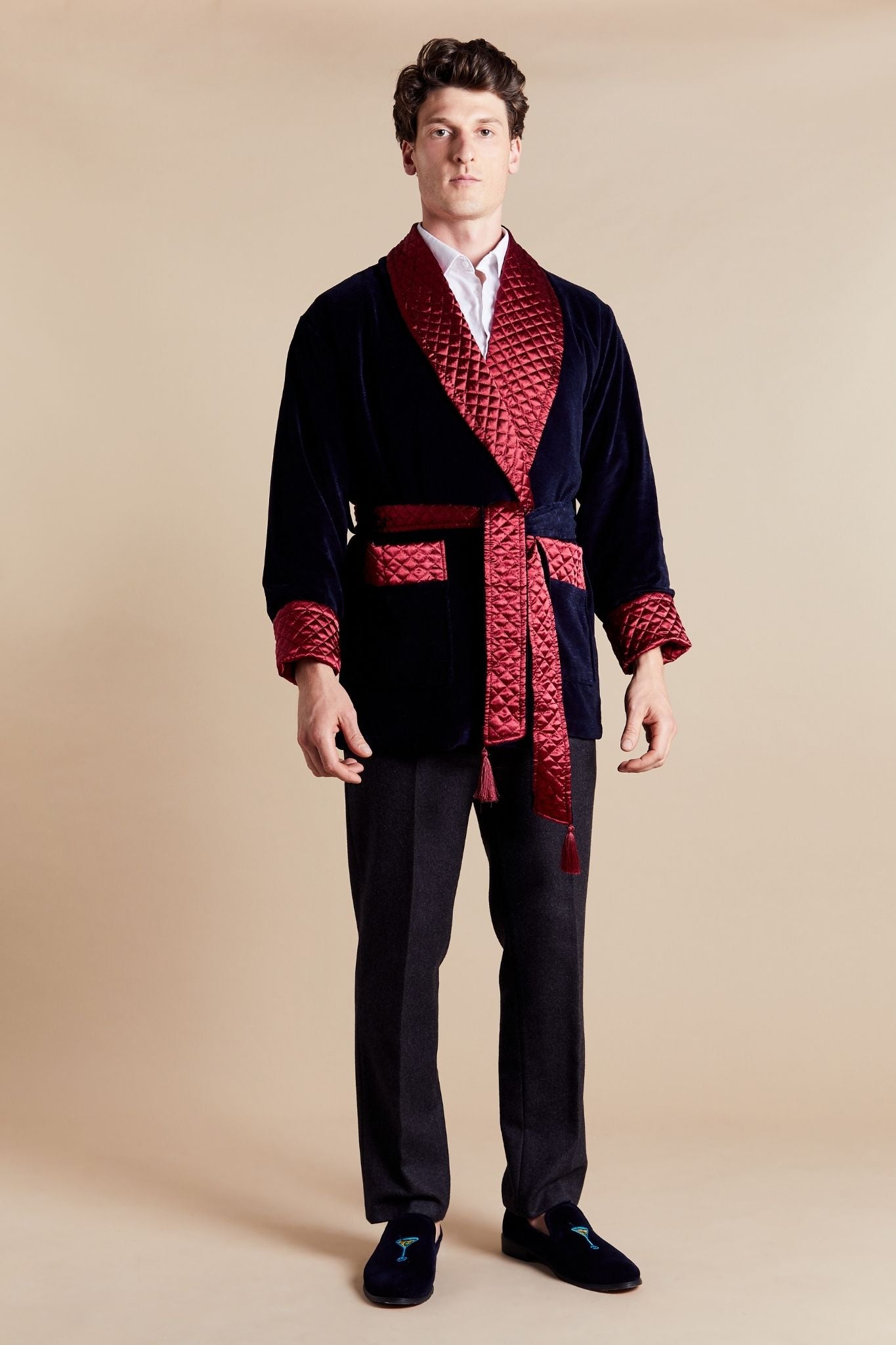 Cliveden Short Velvet Smoking Jacket - Model Front | Bown of London