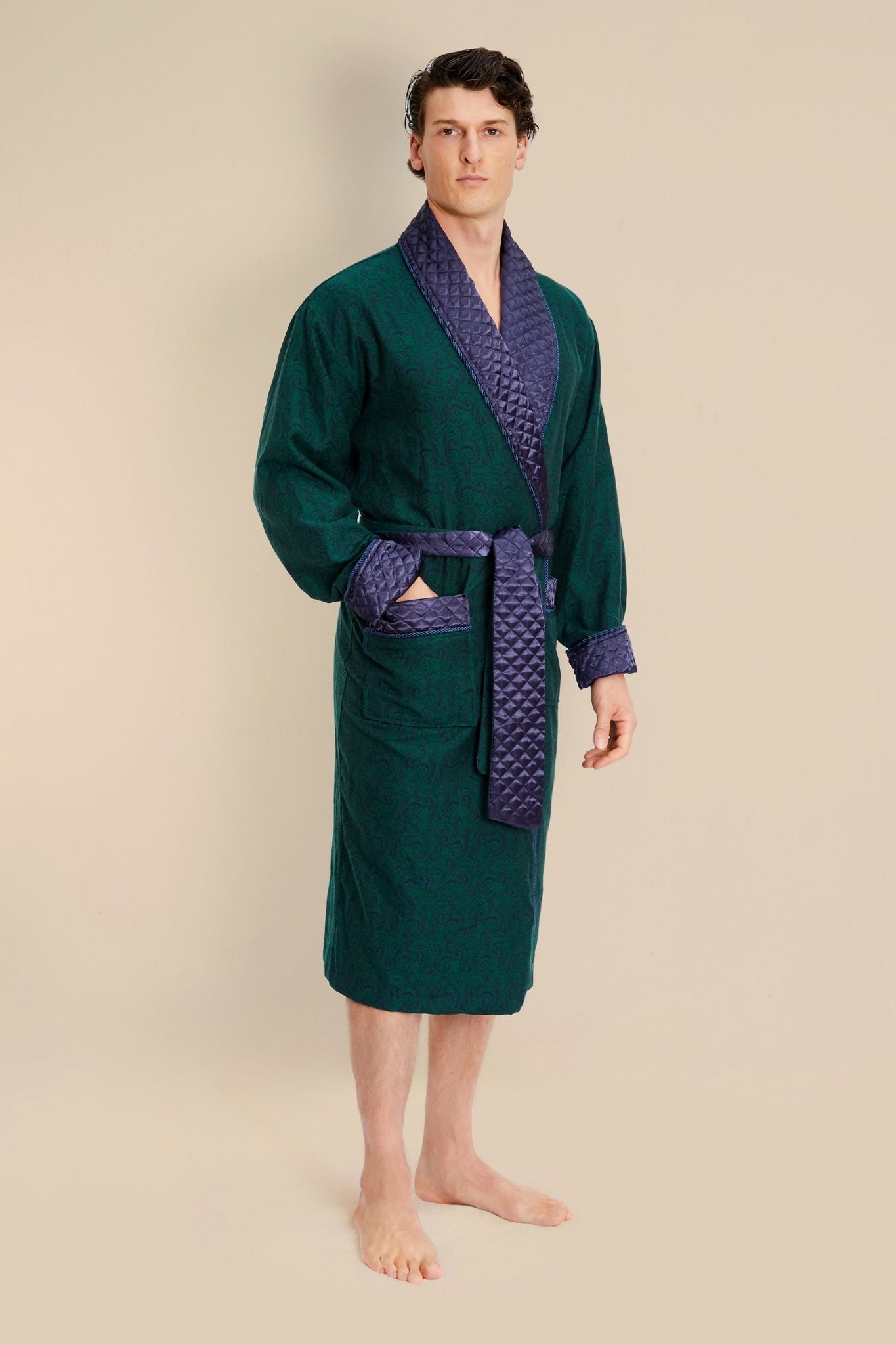 Connaught Green Mens Smoking Jacket - Model Front | Bown of London