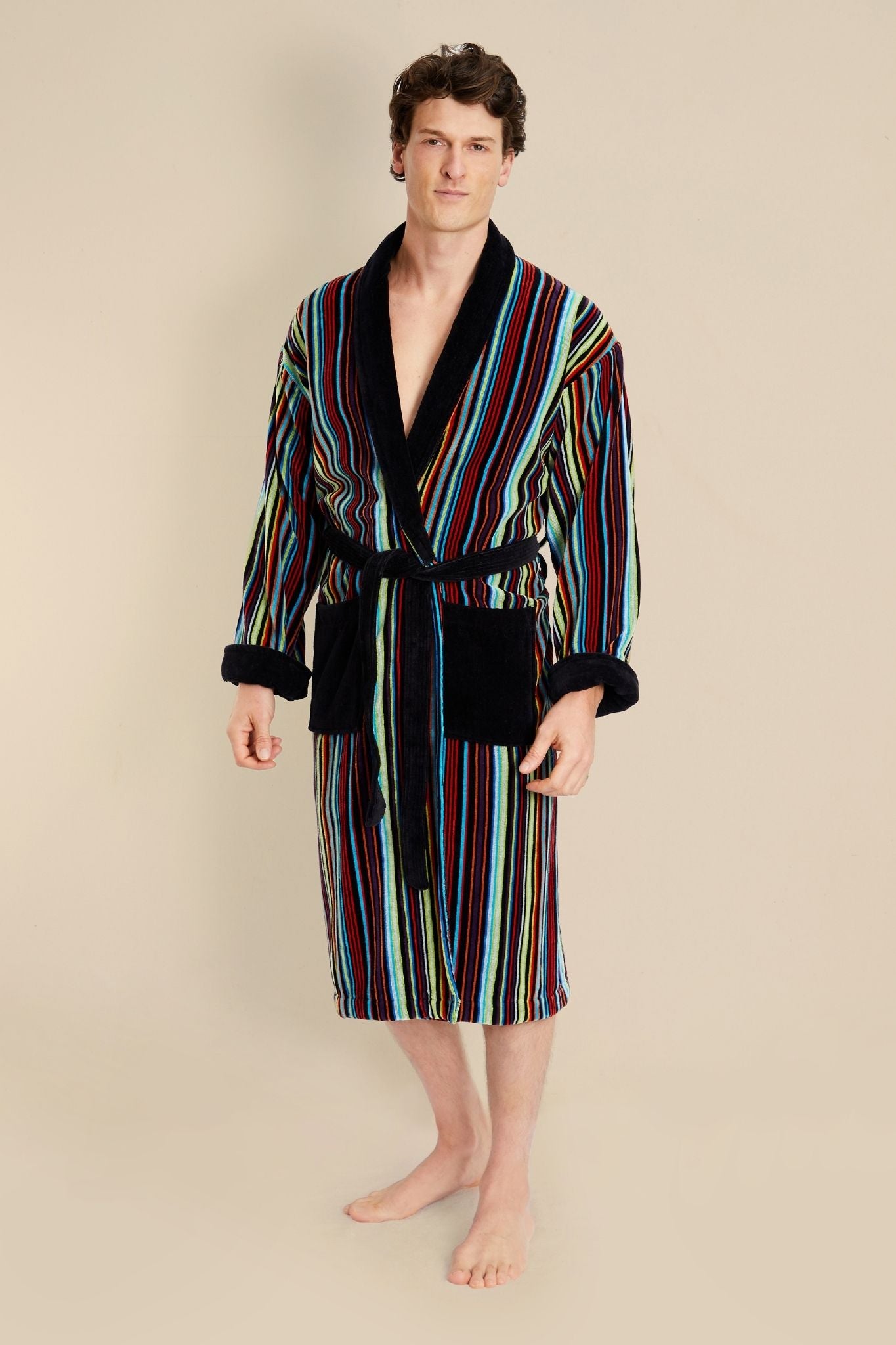 Dundee Men's Striped Bathrobe - Model Front | Bown of London