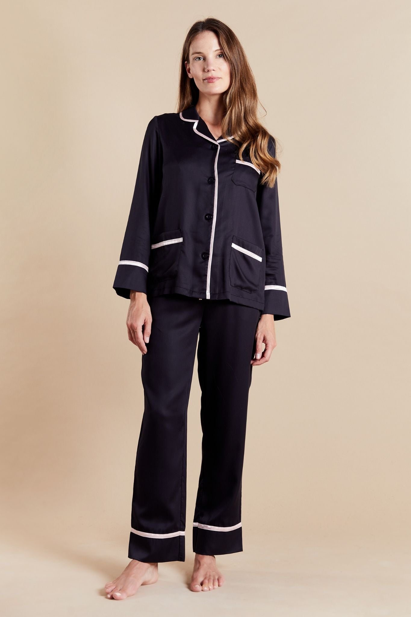 Hera Womens Black Satin Pajamas - Model Front | Bown of London
