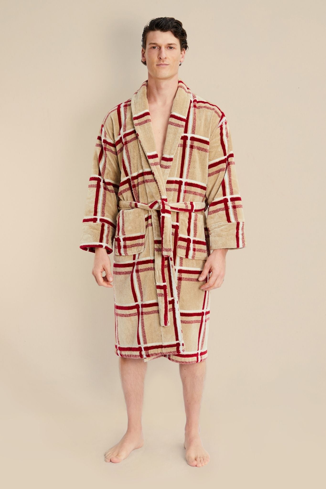 Montana Men's Plaid Bathrobe - Model Front | Bown of London
