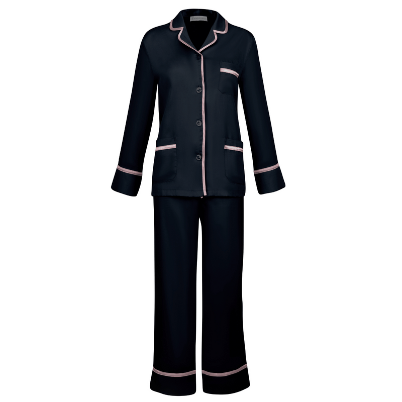 Hera Womens Black Satin Pajamas - Front | Bown of London
