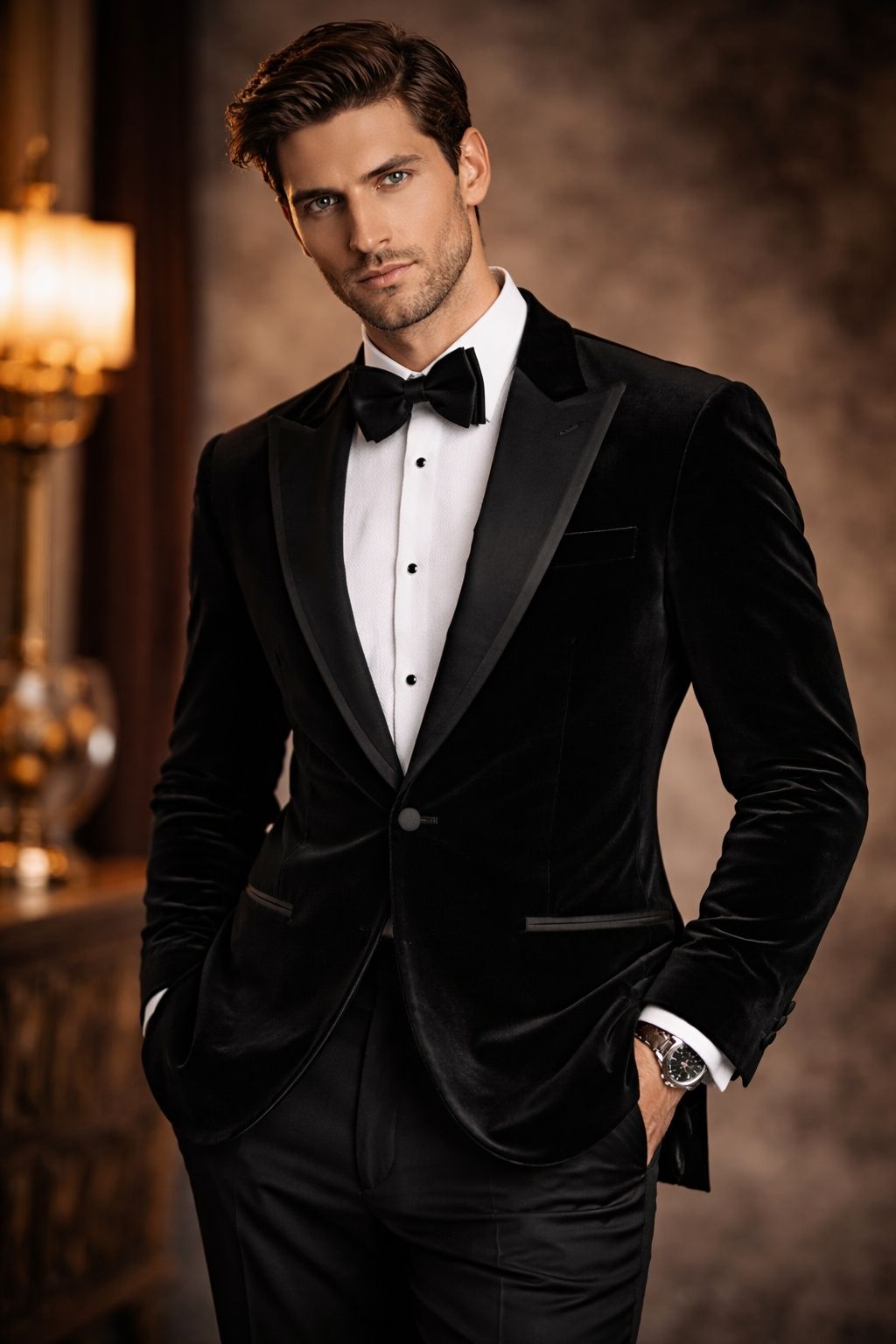 Made to measure Men's Single Breasted Black Velvet Jacket with Satin Piping