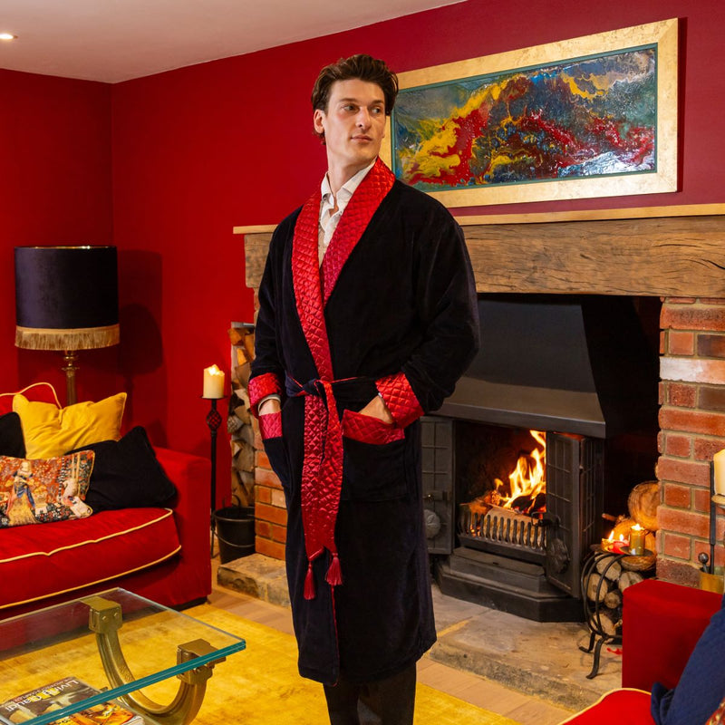 Peignoir Homme Bown Of London - Luxe En Coton égyptien - Modèle Arbroath (rayures Bleu Marine/bordeaux) - Grande Taille