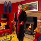 Long Navy Smoking Jacket with Burgundy Piping & Blue Velvet Loafer