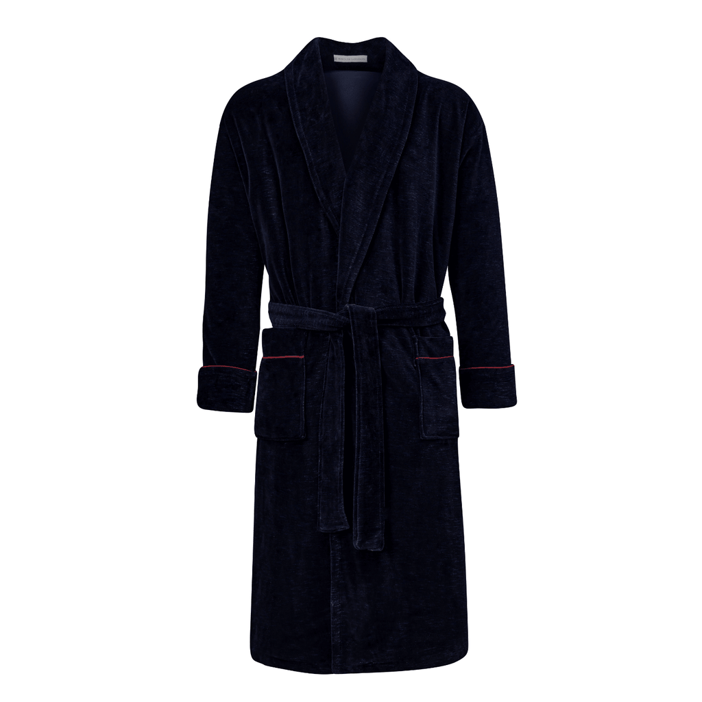 Carnegie men's smoking jacket in navy – long velvet smoking robe for men