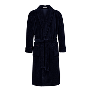 Carnegie men's smoking jacket in navy – long velvet smoking robe for men