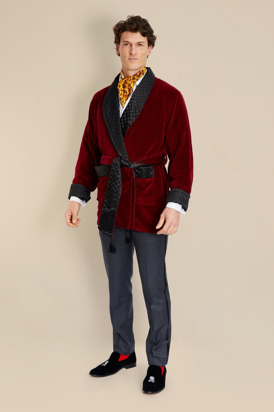 Belgravia Luxury Cotton Short Velvet Smoking Jacket in Burgundy