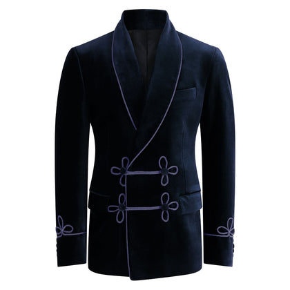 Made to Measure Double Breasted Mens Italian Velvet Smoking Jacket - Navy - Bown of London
