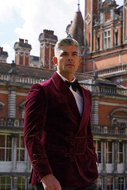 Made to Measure Double Breasted Mens Italian Velvet Smoking Jacket - Burgundy - View 2 - Bown of London