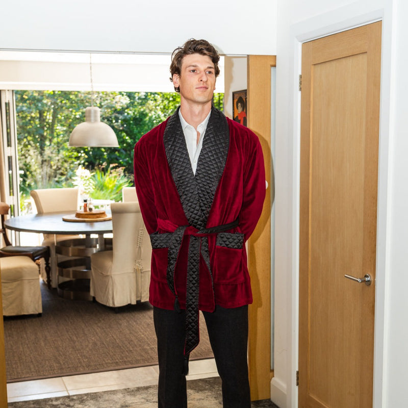 Belgravia Luxury Cotton Short Velvet Smoking Jacket in Burgundy