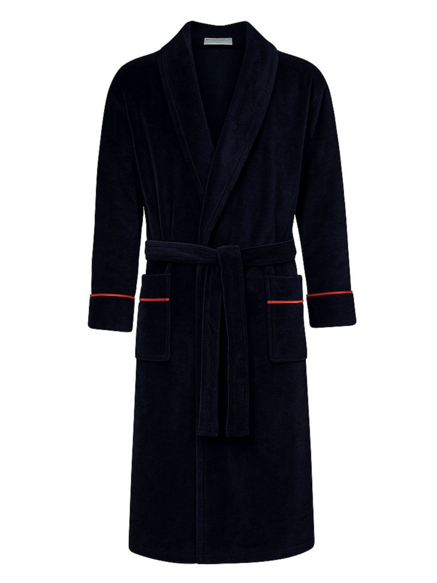 Carnegie Luxury Cotton Long Velvet Smoking Jacket in Navy