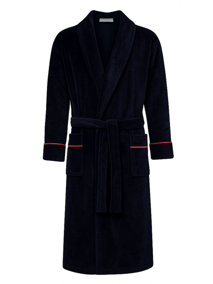 Carnegie Luxury Cotton Long Velvet Smoking Jacket in Navy