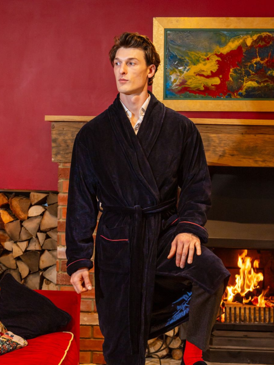 Carnegie Luxury Cotton Long Velvet Smoking Jacket in Navy