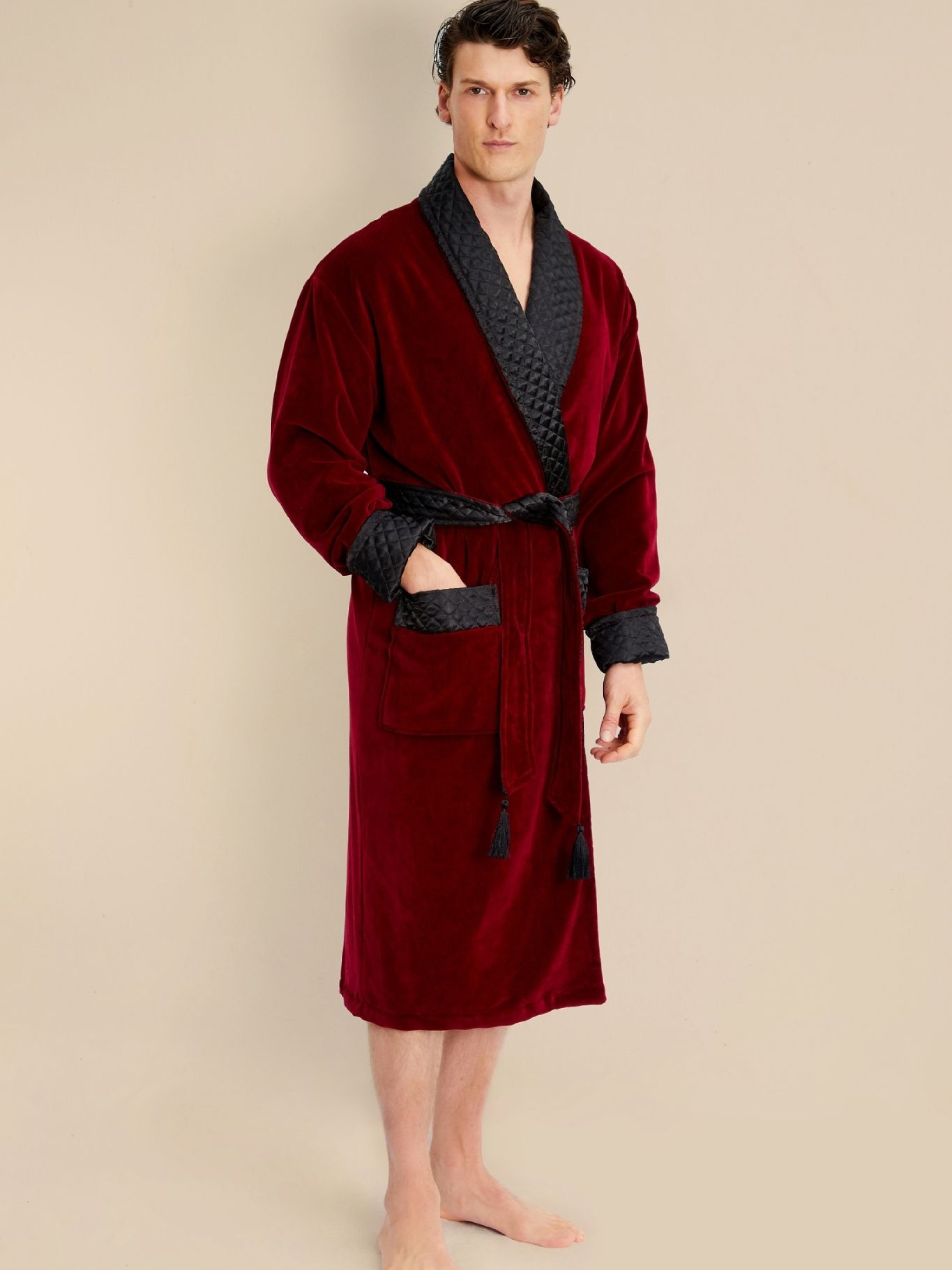 Astor Luxury Cotton Long Velvet Smoking Jacket in Burgundy