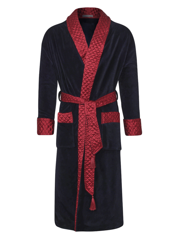 Mayfair Long Velvet Navy Smoking Jacket with Burgundy Piping