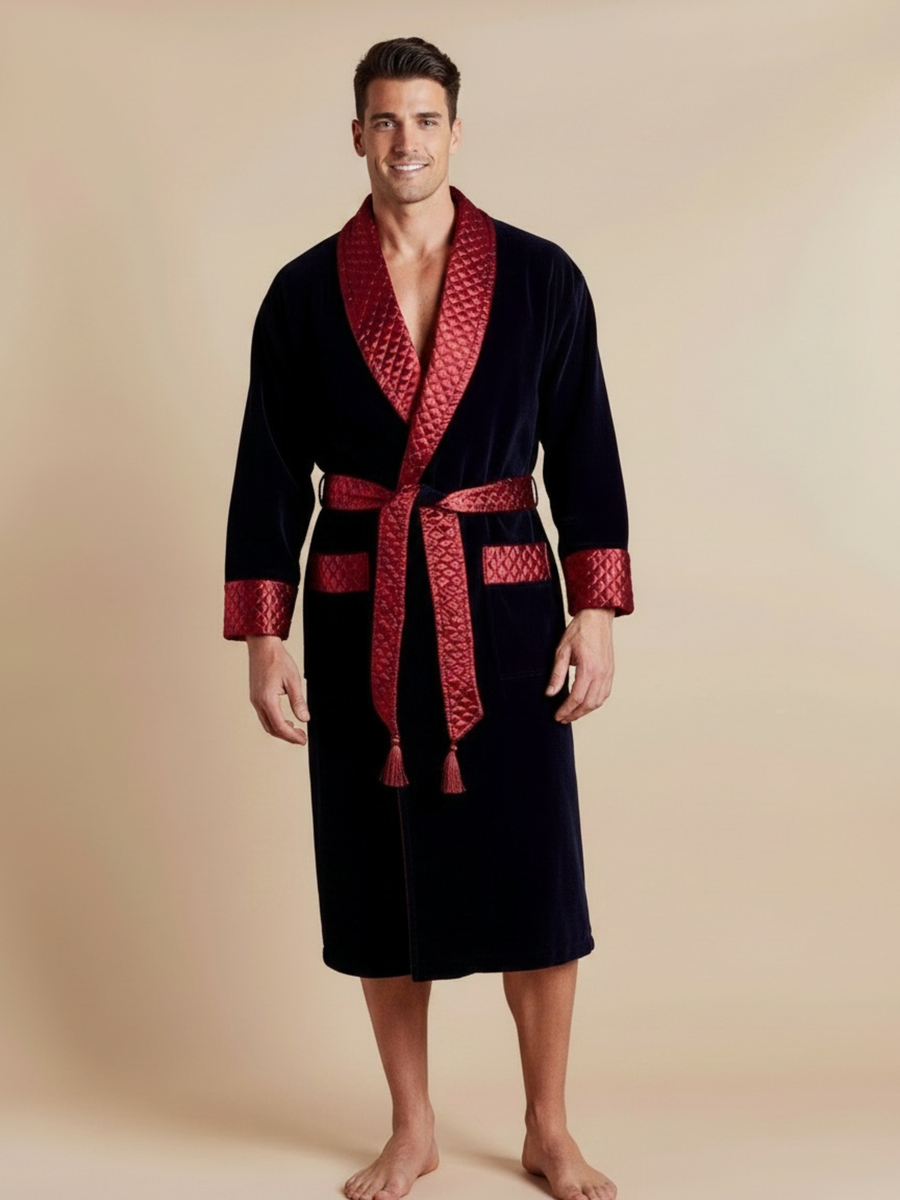 Mayfair Long Velvet Navy Smoking Jacket with Burgundy Piping