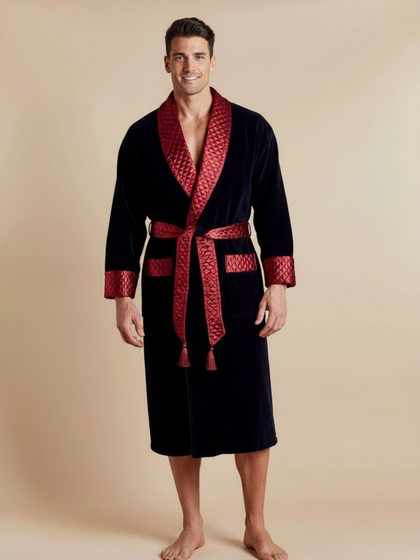 Mayfair Long Velvet Navy Smoking Jacket with Burgundy Piping