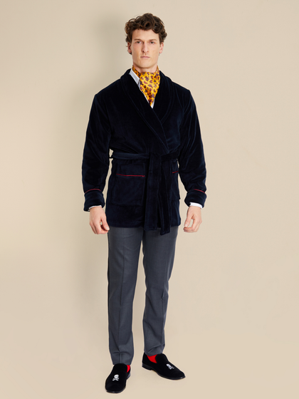 Rockefeller Luxury Cotton Short Velvet Smoking Jacket in Navy