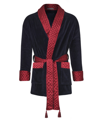 Cliveden Short Velvet Navy Smoking Jacket with Burgundy Piping