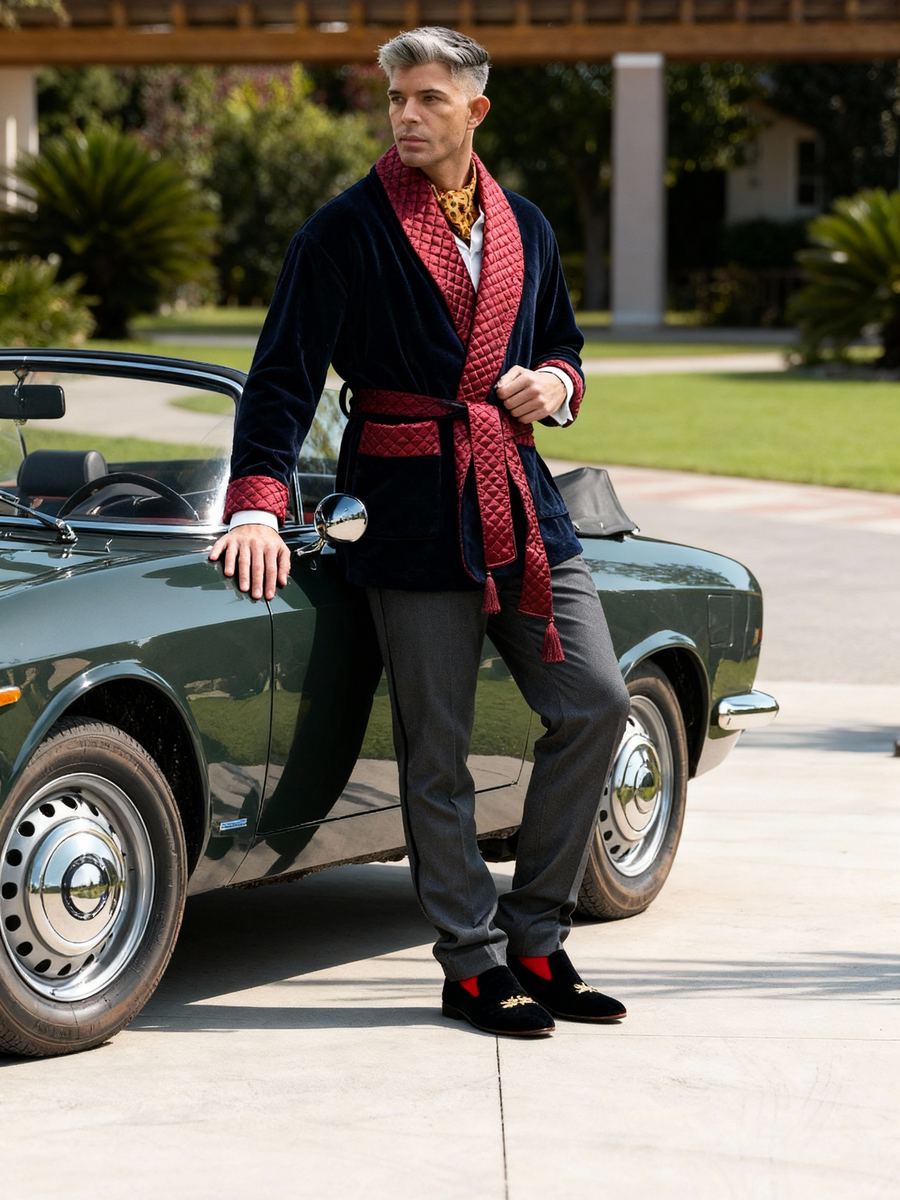 Cliveden Short Velvet Navy Smoking Jacket with Burgundy Piping