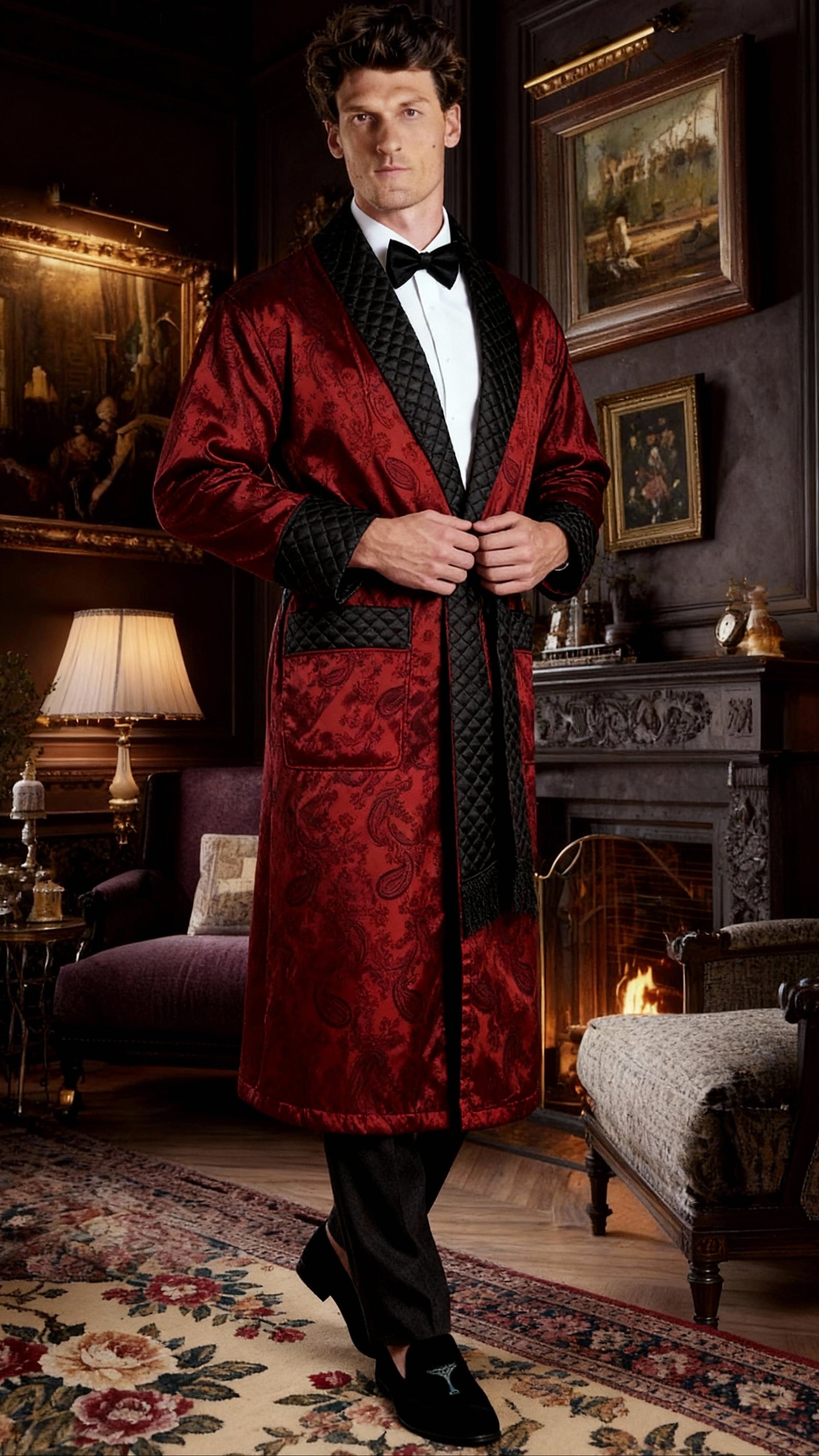 Gable Mens Long Smoking Jacket - Claret