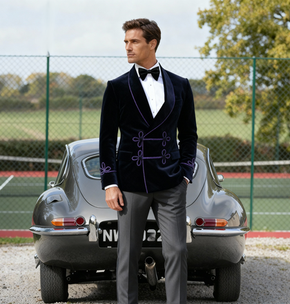 Made to Measure Double Breasted Mens Italian Velvet Smoking Jacket - Navy