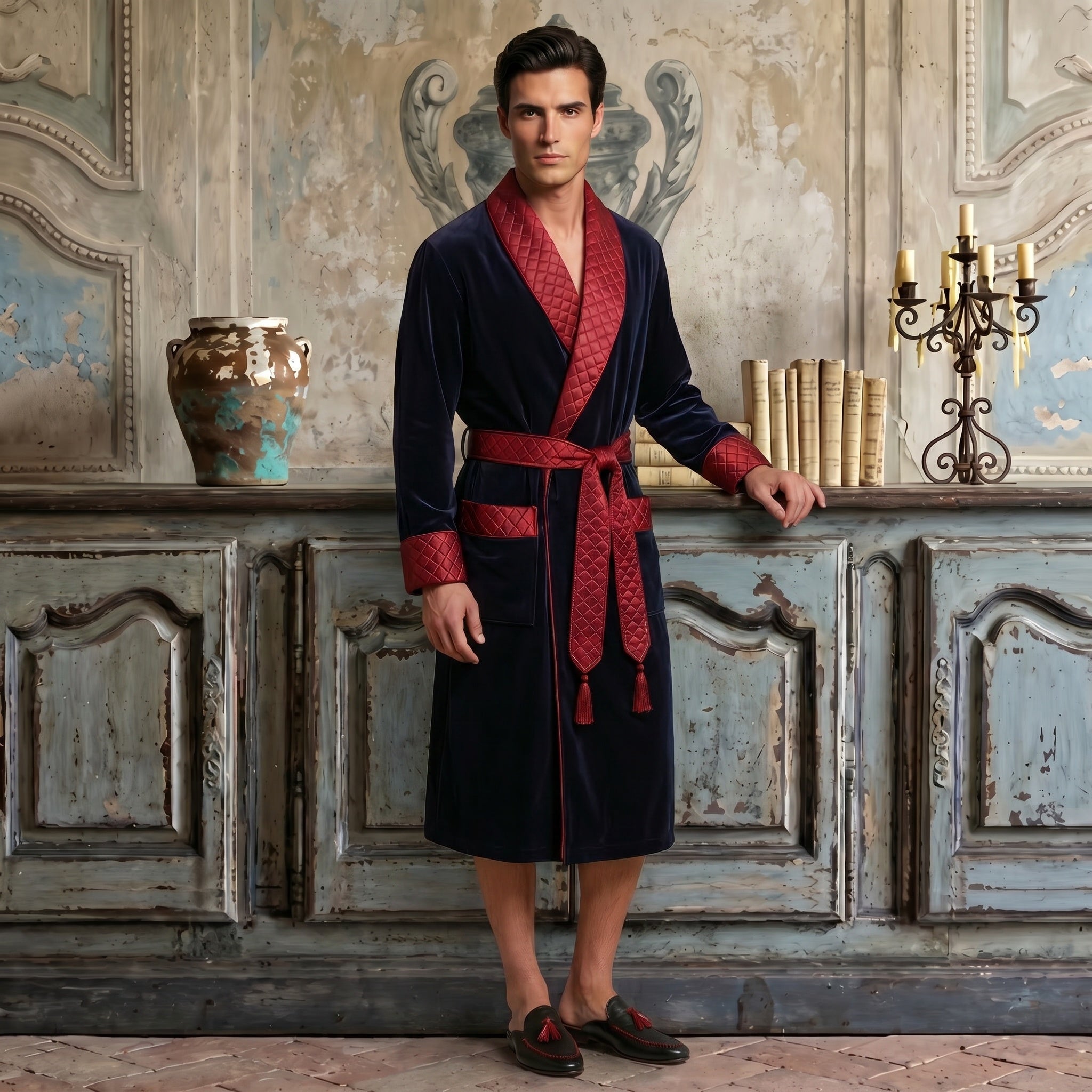 Mayfair Long Velvet Navy Smoking Jacket with Burgundy Piping