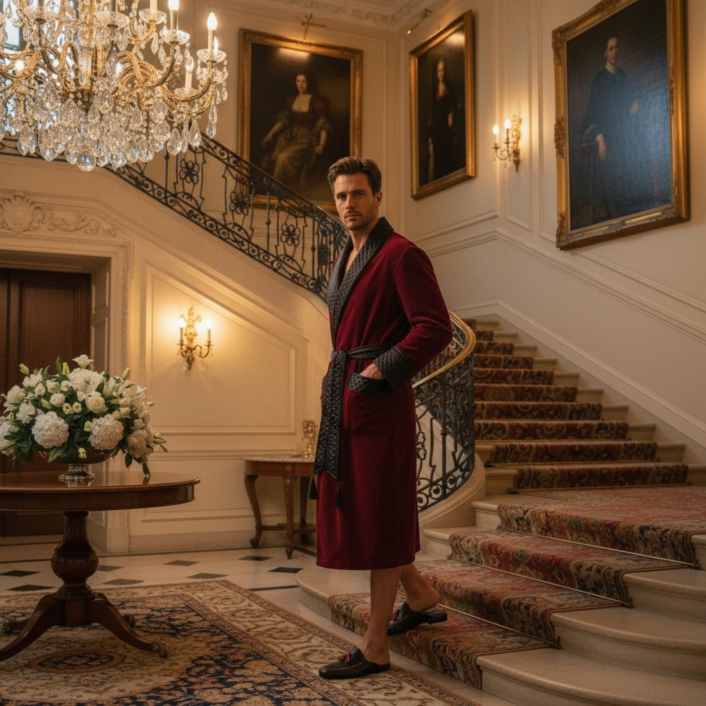 Astor Luxury Cotton Long Velvet Smoking Jacket in Burgundy