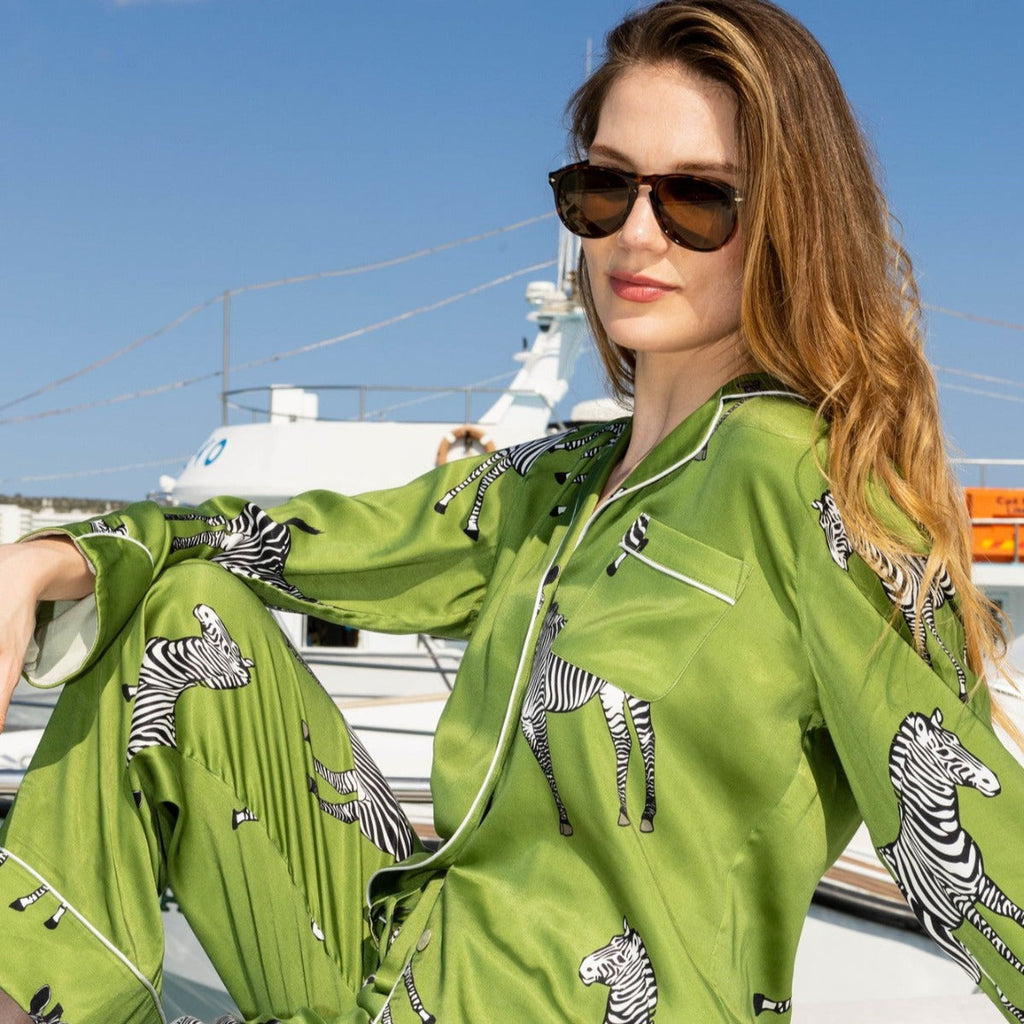 Ladies Pajamas - Zumra Zebra Vegan Silk Cupro Long Pajama Set Main Image